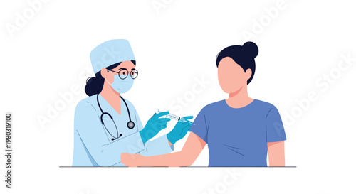 A female medical professional wearing a mask and gloves administers a vaccine to a patient in this clean, flat style vector illustration.