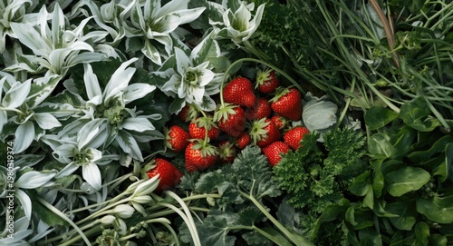 Summer scene with white foliage and ripe red strawberries among fresh green vegetables