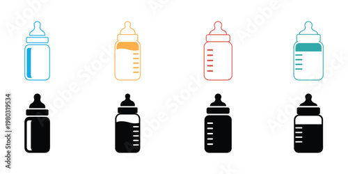 Four colored spray bottles with black spray nozzles on white background