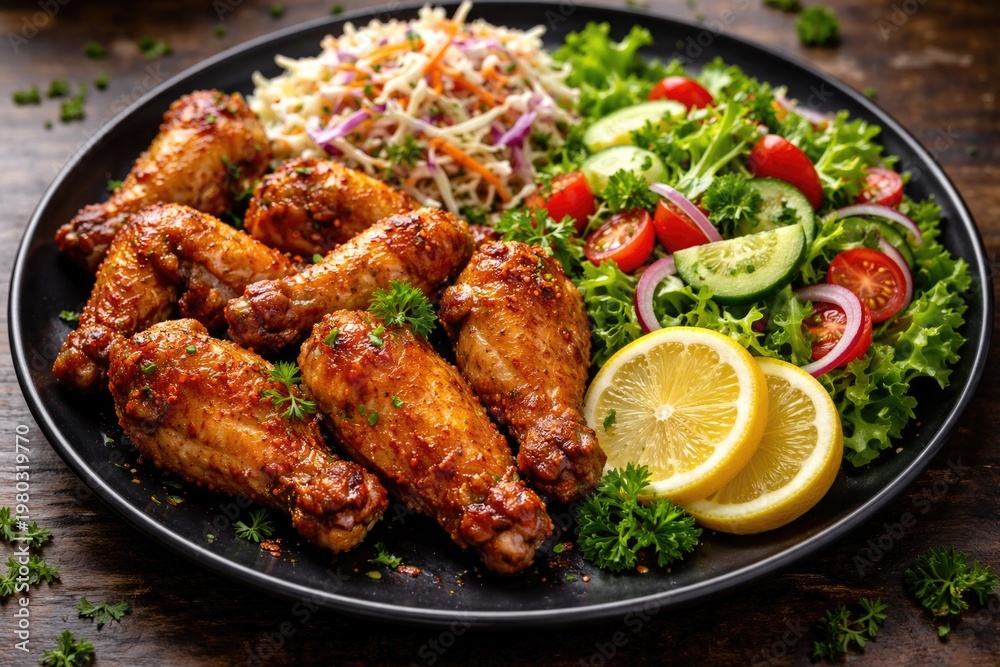 Fototapeta premium A black plate showcasing crispy chicken wings with fresh coleslaw and a vibrant side salad garnished with lemon slices and parsley