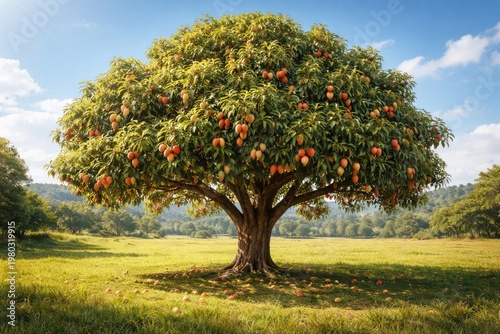 A lush mango tree loaded with ripe fruits in the center of a spacious sunny field