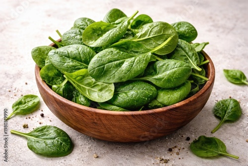 Fresh green spinach leaves arranged inside a wooden bowl on a light textured background