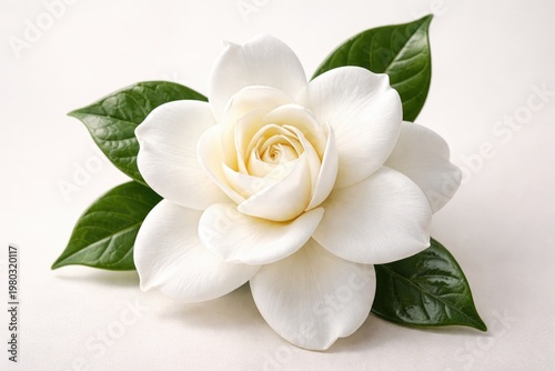 Close up view of a white gardenia flower with green leaf on a plain backdrop