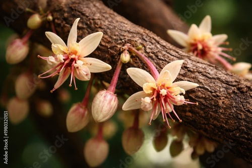 Detailed close up of cacao flowers blooming on a cocoa tree branch