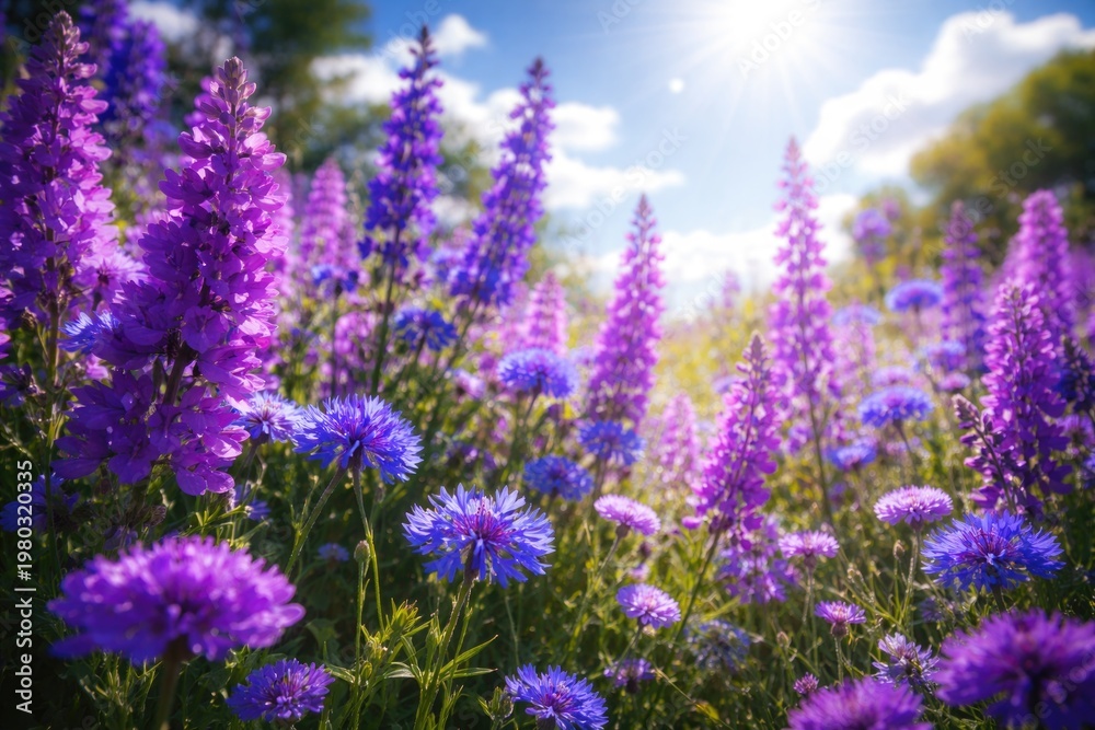 Fototapeta premium Vibrant purple and blue flowers thriving under sunny sky in natural setting