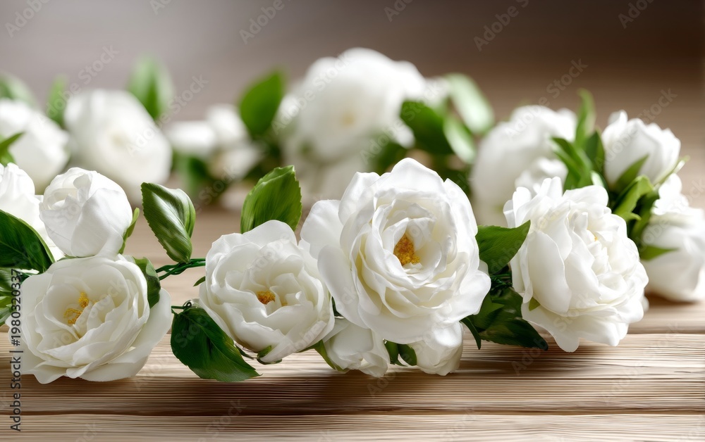 Fototapeta premium Elegant White Flower Garland Casually Resting on a Wooden Surface