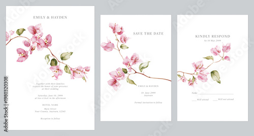 Wedding invitation suite featuring watercolor-style pink Bougainvillea flowers on a clean white background