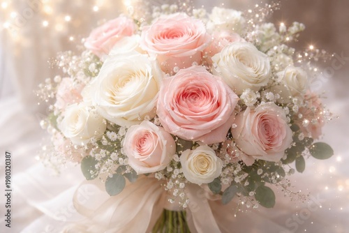 Elegant rose bouquet with pink and white flowers featuring delicate sparkle accents for wedding celebrations