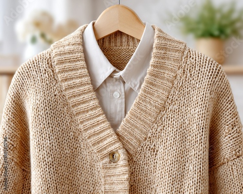 Cozy Scandinavian knitwear display featuring beige cardigan and white collared shirt on hanger in minimalist home, inspiring autumn fashion styling ideas in natural soft tones with a relaxed ambiance,