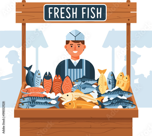 Pixel Art Fresh Fish Market Stand With Smiling Vendor Selling Seafood