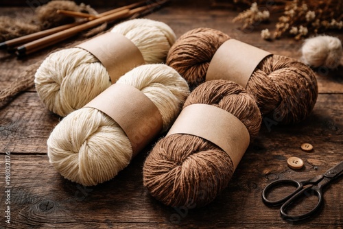 Hand spun yarn skeins in white and brown with blank labels for knitting crafts on rustic wooden table