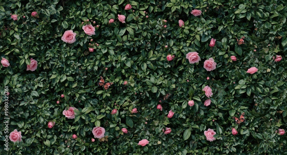 Fototapeta premium Wall fully covered with green plants highlighted by pink roses and butterfly motifs