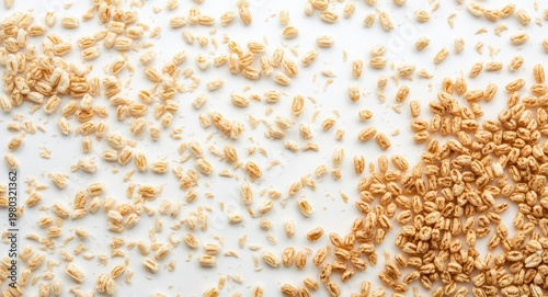 White background with puffed wheat cereal scattered