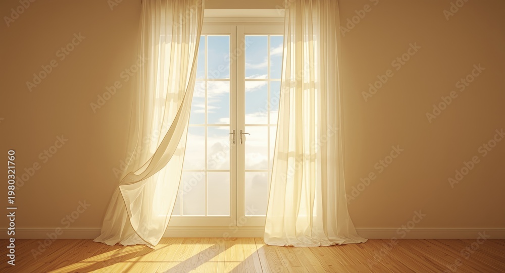 Fototapeta premium Sun shining through open window with curtains in motion and serene sky backdrop