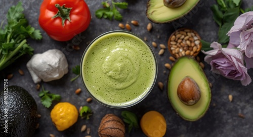 Top down perspective of a creamy avocado smoothie surrounded by mixed fresh ingredients with copy space