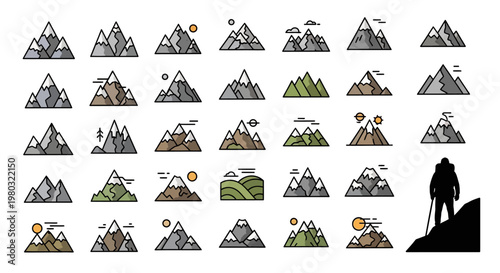 Hiker silhouette on mountain peak landscape.