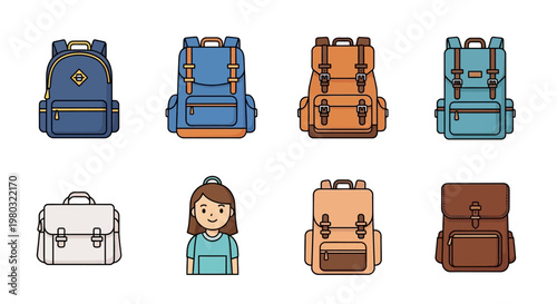 Colorful backpacks and a woman.