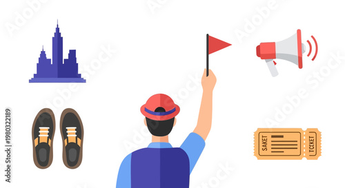 Man holding red flag directing traffic.