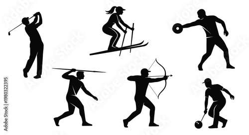 A collection of dynamic silhouettes depicting various athletic and outdoor sporting activities