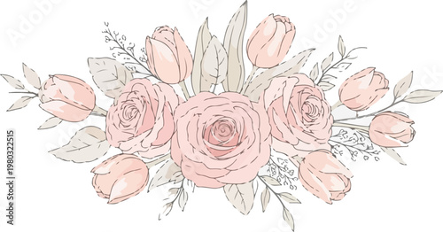 Beautiful vector floral arrangement with pink roses and tulips, editable flower elements