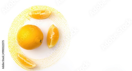 shiny Yellow Yuzu Orange fruit displayed on a white background accented by a patterned work path