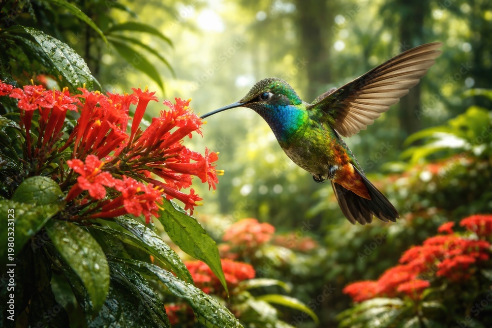 Fototapeta premium Vibrant hummingbird hovering over bright red flowers in lush tropical woodland