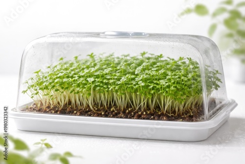 Fresh cress seedlings sprouting beneath a clear protective cover on a clean white background with a minimalistic natural growth theme