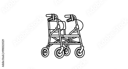 Line art illustration of a walker with wheels, medical equipment for elderly mobility support