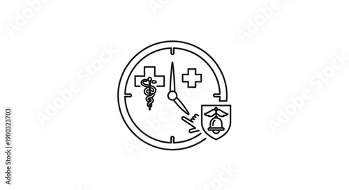 Medical Emergency Travel Insurance Clock Icon with Airplane and Shield