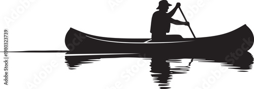 Black silhouette canoe, man paddling, calm water, peaceful scene, vector illustration