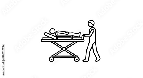 Medical transport: person pushing patient on stretcher, hospital, emergency, healthcare icon