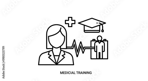 Medical Training Icon: Doctor, Graduation Cap, EKG, Patient Monitor, Healthcare Education