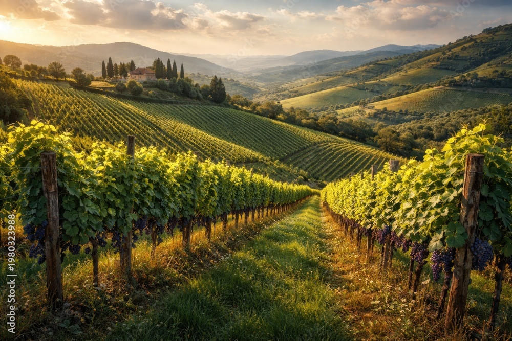 Fototapeta premium Vineyard Rows with Grapevines in Rolling Hills at Sunset