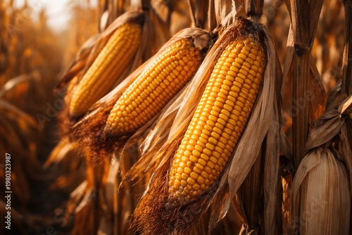Detailed view of ripe corn ears on dry stalks in an autumn harvest field with bright yellow kernels and soft background blur