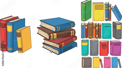 Collection of colorful books stacked and standing various shapes library literature education vector illustration set