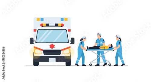 Three professional paramedics are carefully transporting an injured patient on a stretcher towards a white ambulance parked nearby.