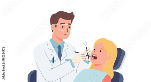 A professional male dentist in a white coat and glasses performs a dental examination on a female patient sitting in a clinical chair.