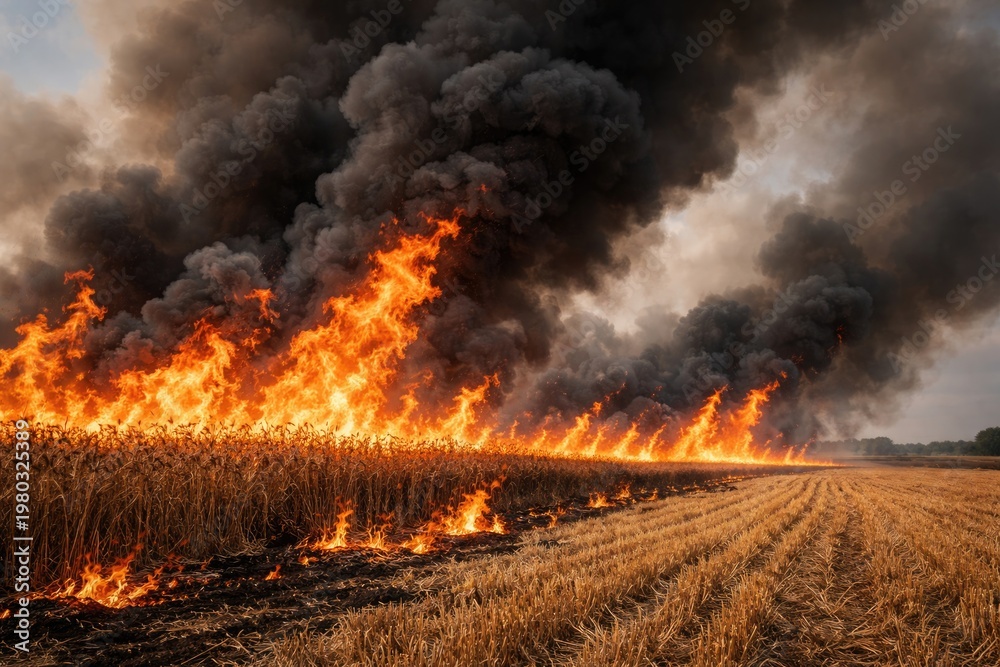 Fototapeta premium Flames and smoke rising over a burning agricultural field on a dry day