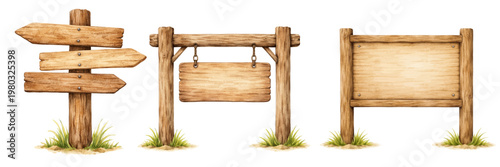 A rustic watercolor collection of wooden signs and directional signs, featuring blank wooden signboards, a hanging sign on posts, and a framed notice board with natural grass accents.