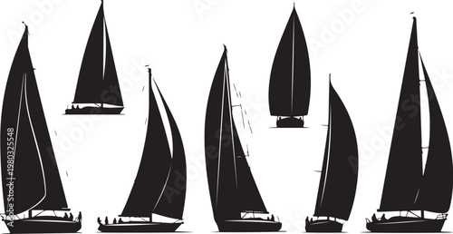 Sailing yacht silhouettes, sailboat vector icons, black sailboats, nautical graphics