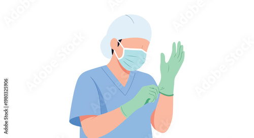 A professional medical worker wearing scrubs, a face mask, and a head cover is carefully putting on green surgical gloves.