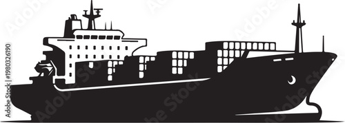 Cargo ship, container vessel, freight boat, black silhouette, vector illustration