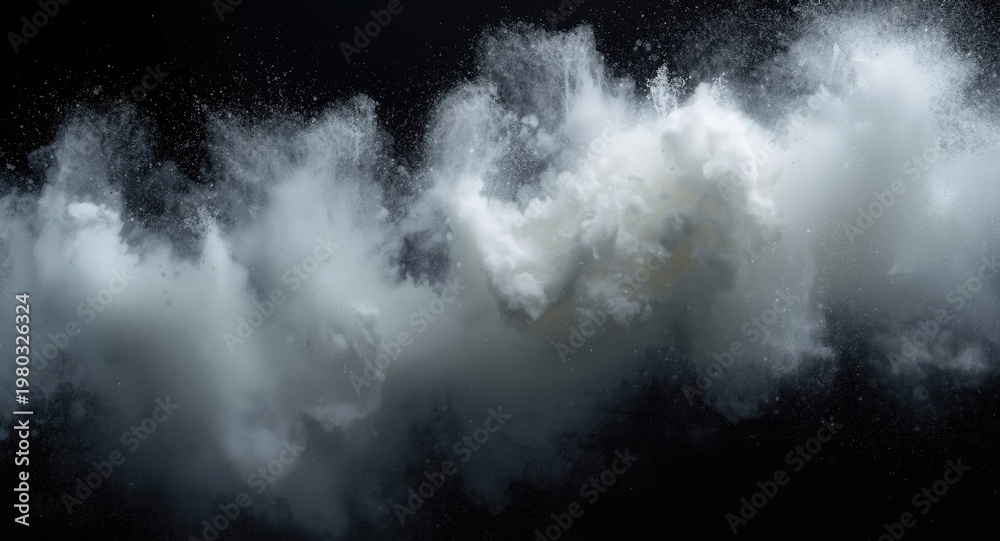 Fototapeta premium White powder plume spreading wide over a black background with copy space