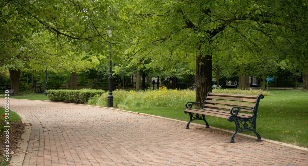 Fototapeta premium Tranquil outdoor park view showing a charming bench on a neat brick walkway in nature