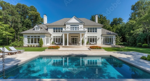 refined estate with a glassy swimming pool and tastefully arranged front garden