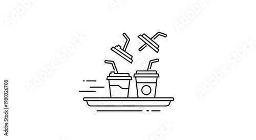 Fast Food Delivery: Two To-Go Coffee Cups with Straws on Tray, Motion Lines