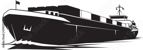 Cargo ship, freight boat, black and white vector, nautical icon, transportation symbol