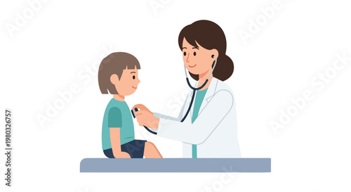 A female doctor in a white coat uses a stethoscope to examine a young child sitting on a medical table, depicting a routine pediatric checkup.