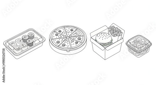 Fast Food Assortment: Pizza, Sushi, Burger, Sandwich - Line Art Icons