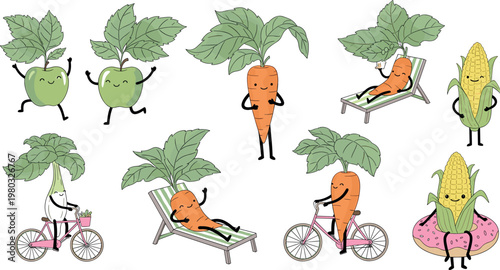 Cute vegetable characters set with carrots apples and corn in funny activities cartoon food mascots vector illustration